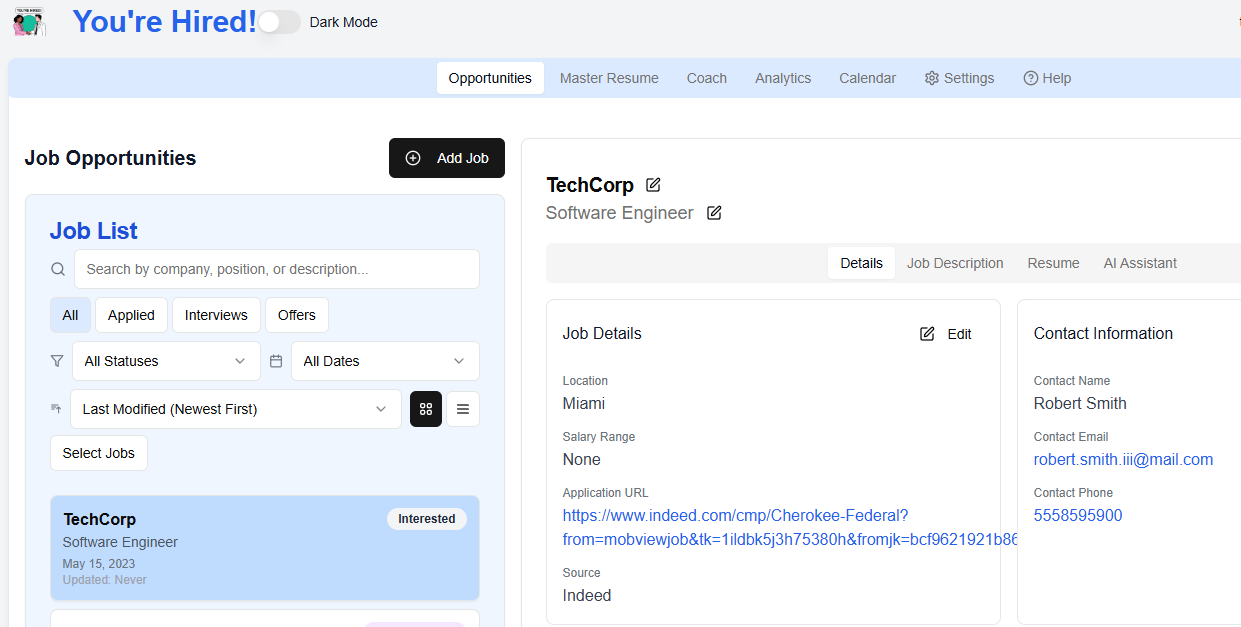 Application dashboard showing job tracking board